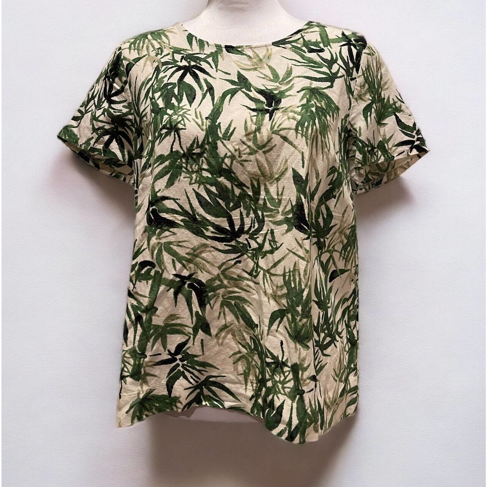 Womens J Jill Linen blend Top S Short Sleeve Cream Green Buttons Hawaiian cruise